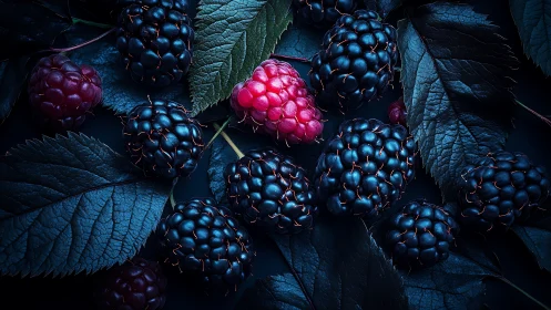 High-contrast macro study of ripe brambles and one vivid raspberry.