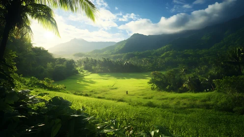 Sunlit tropical valley with distant mountains and palms.