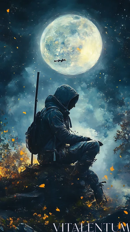 Moonlit wanderer rests quietly beneath a glowing full moon