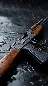 Rain-drenched rifle resting in cold battlefield silence.