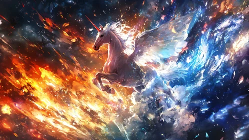 Winged unicorn charges through cosmic fire and starlight.