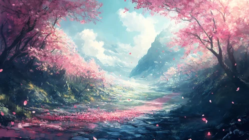 Enchanting cherry blossom valley bathed in gentle spring light.