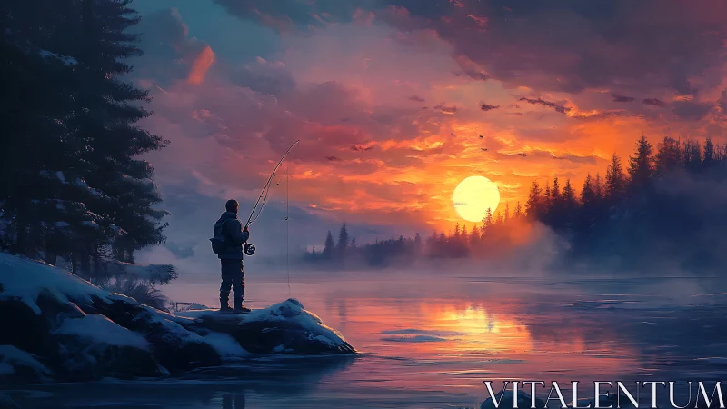 Solitary winter fisherman watches a blazing lake sunrise