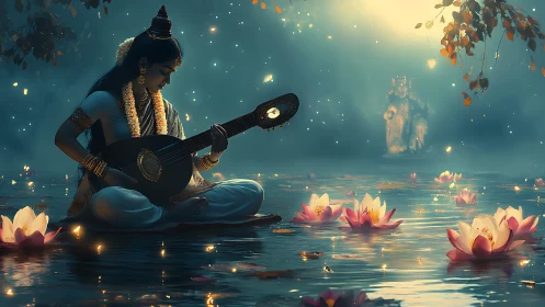 Moonlit musician rests by glowing lotus waters in quiet prayer