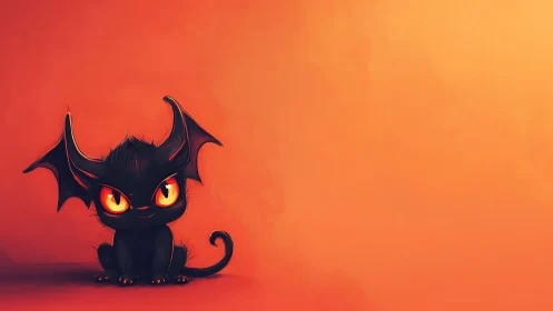 Small bat-winged black creature sits before orange gradient