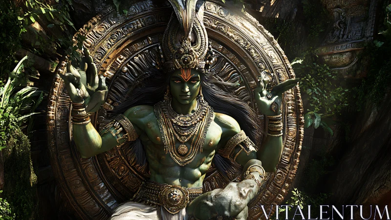 Majestic forest deity sits in jeweled ring of sacred light