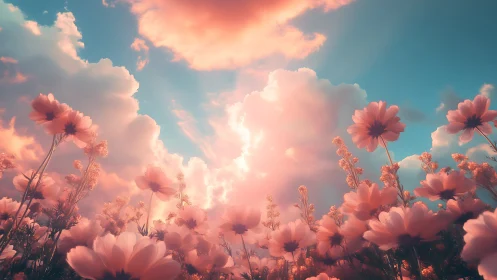 Pink Cosmos Flowers Against Dramatic Sky