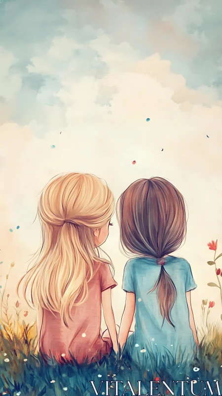 Two Figures Seated in Wildflower Meadow with Atmospheric Cloudscape