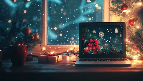 Laptop holiday glow beside festive window snowfall scene.