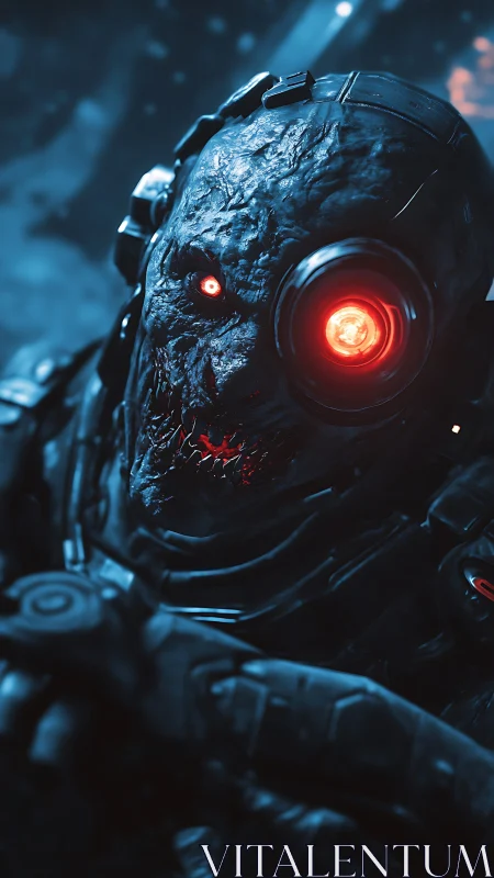 Scarred cyborg guardian watches with a single red eye