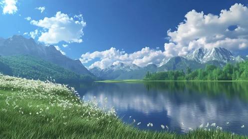 Alpine lake landscape renders crisp reflections and luminous flora