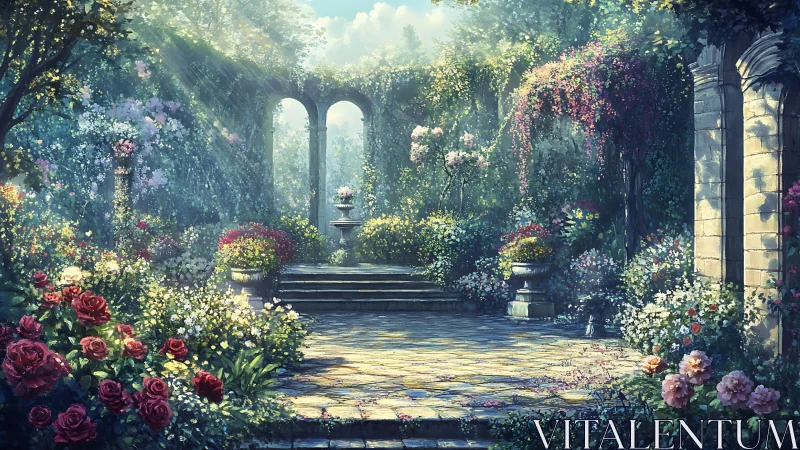 Sunlit floral courtyard with romantic stone arches garden.