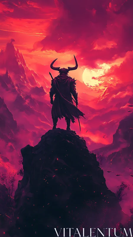 Horned warrior over crimson inferno sky, high contrast.