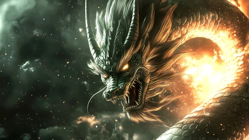 Starstorm wyrm coils through firelit cosmic thunderstorm.