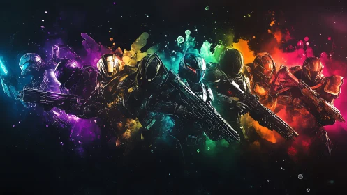 Rainbow armored soldiers stand ready in neon space haze.