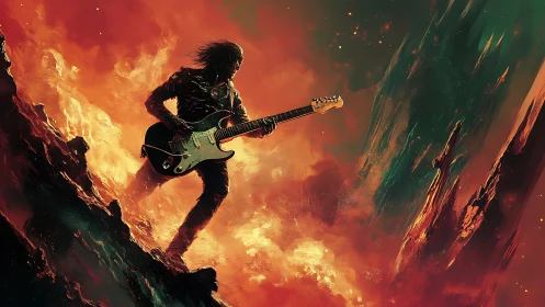 Rock guitarist stands in fiery cosmic landscape with guitar.