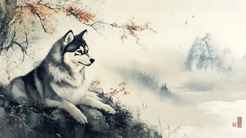 Gentle husky rests on a misty cliffside, quietly watching