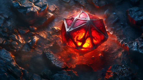 Molten red polyhedral core with organic lattice in volcanic stone