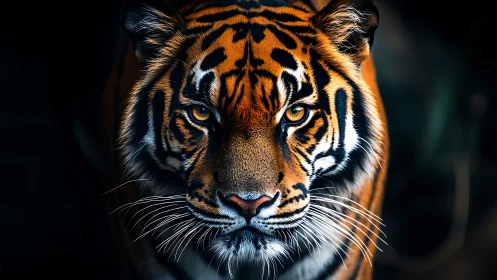 Tiger portrait shows intense gaze in dramatic low-key light