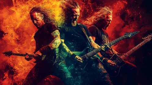 Triple exposure metal guitarists in blazing firestorm colors.