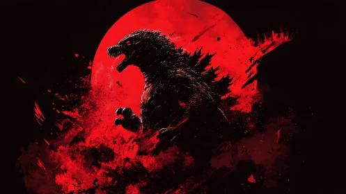 Godzilla silhouette against red moon in dark composition.