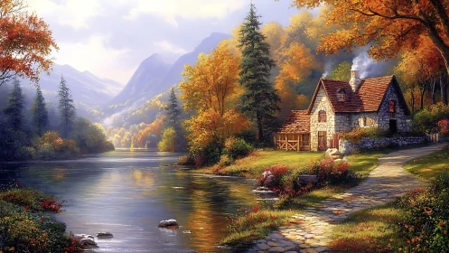 Riverside stone cottage under warm autumnal foliage and misty peaks