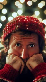 Holiday daydreamer glows beneath a blizzard of bokeh lights.