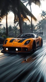 Orange race car storms wet palm road at dusk