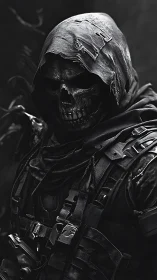 Tactical skeletal wraith in shredded hood under low-key lighting.