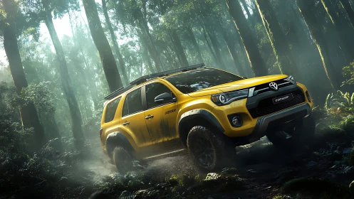 Yellow Toyota SUV driving on muddy forest trail in mist.