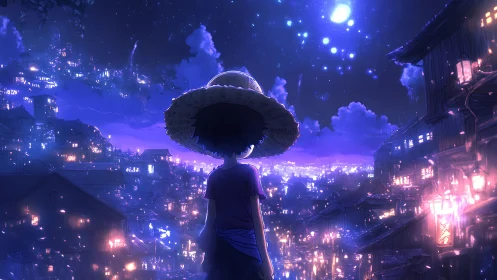 Boy in straw hat overlooks luminous night cityscape