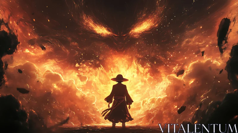 Lone wanderer faces a blazing cosmic firestorm with courage.