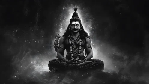 Monochrome meditative deity in radial luminous contrast study.