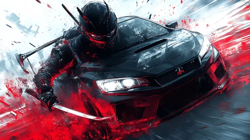 Armored biker with katana riding aggressive race car.