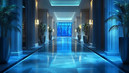 Calm blue hotel corridor glowing with serene evening light.