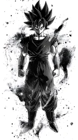 Monochrome anime warrior in dynamic ink splash aura.