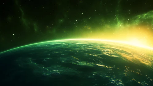 Emerald dawn ignites an alien ocean world at the horizon.