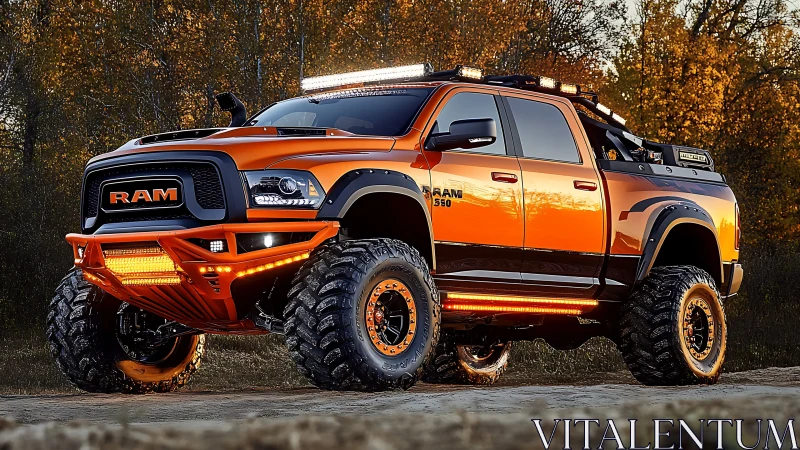 Photoreal lifted RAM off-road truck with tactical LED build.