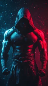 Hooded muscular fighter in dramatic red and blue light.