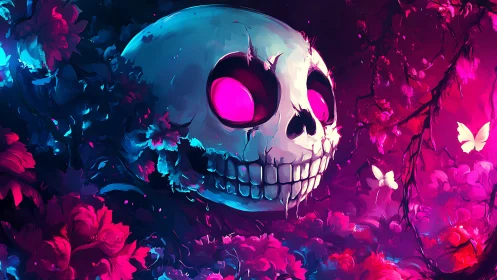 Bioluminescent skull amid neon flora contrasts decay and vitality