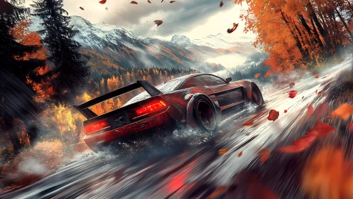 Sport car traverses wet mountain road in autumn forest