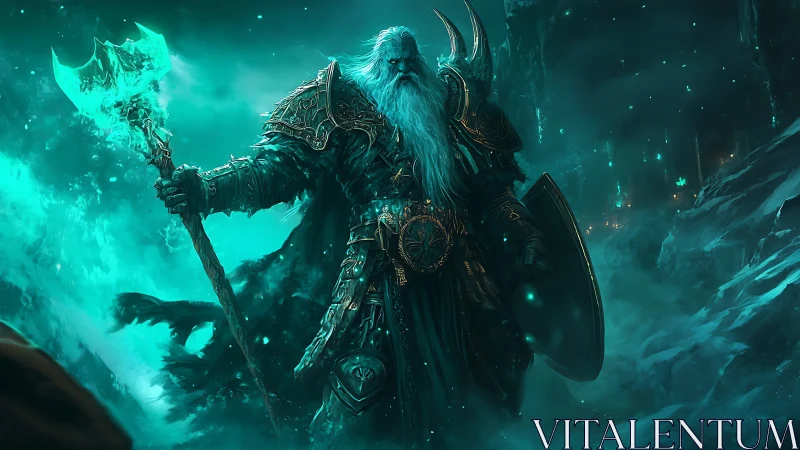 Frost warlord commands glowing axe in cursed ice caverns.