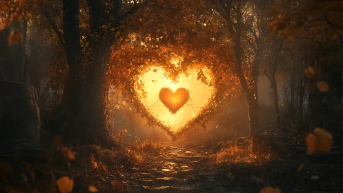 A Glowing Heart Shines Through the Autumn Forest Path