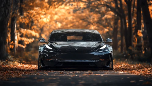 Black electric sedan on forest road amid autumn foliage.