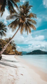 Tropical Beach with Leaning Palm Tree and Blue Waters.