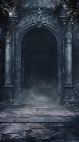 Gothic stone portal with mist filled vault and sculpted architrave