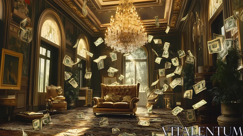 Luxurious palace lounge with raining dollar bills in motion.