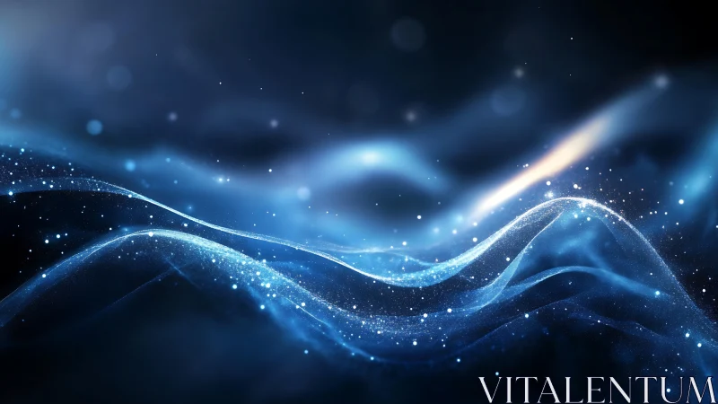 Digital painting of luminous blue particle waves in motion.