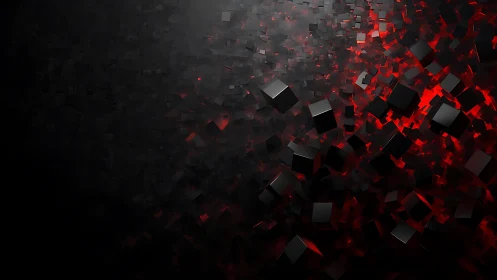 Dynamic 3D Black Cubes Swirling in Abstract Red Digital Art.