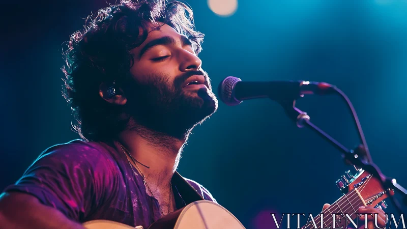 Male guitarist sings into stage microphone under teal lights